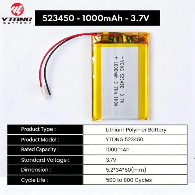 3.7V 1000mAh 523450 Lipo Battery
