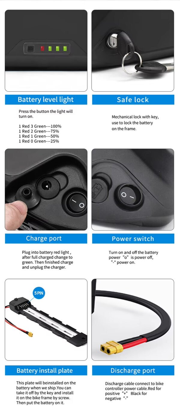 鹦鹉电池 细节8 48V 52V 20Ah 21Ah 17.5Ah 25Ah Polly Downtube Mounted Lithium Ion Ebike Battery Pack with 3C Discharge 1500W Motors